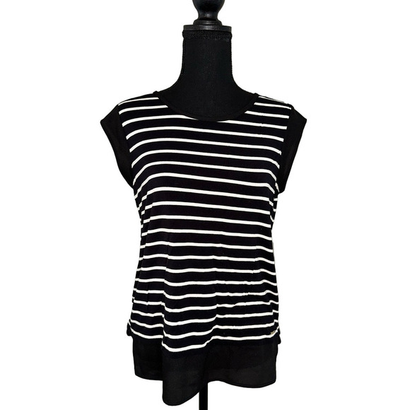 Calvin Klein Tops - CALVIN KLEIN BLACK AND WHITE STRIPED SHORT SLEEVE TOP WITH MESH DETAIL